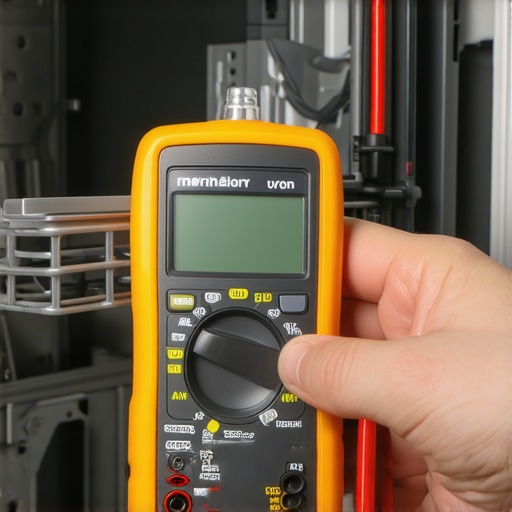 Person testing a dishwasher's heating element with a multimeter