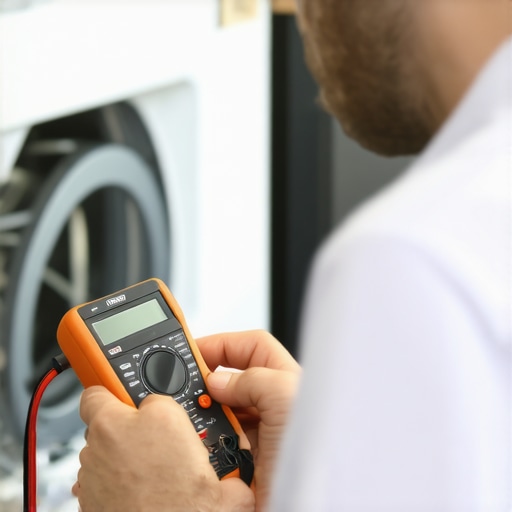 Tech testing appliance wiring with a multimeter in a modern kitchen