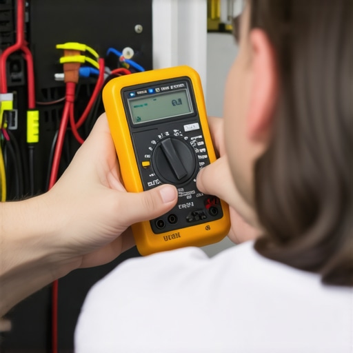 Tech specialist testing appliance wiring with multimeter in kitchen setting