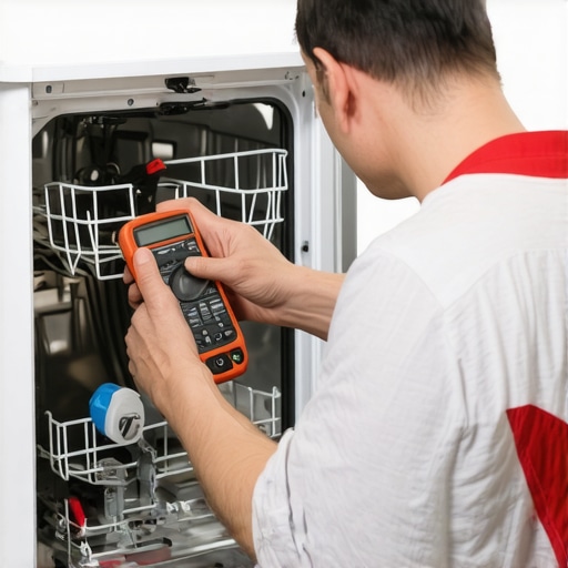 A technician testing dishwasher wiring with a multimeter during maintenance.