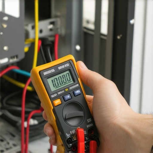 A technician testing appliance wiring with a multimeter in a workshop.