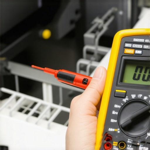 Close-up of a multimeter testing a dishwasher's heating element, illustrating electrical diagnostics in appliance repair.