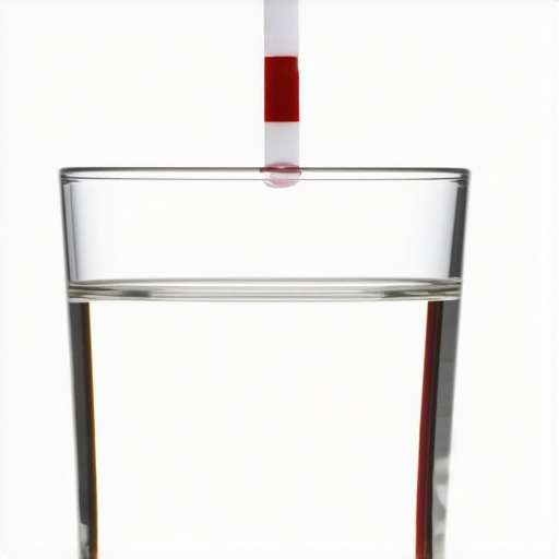 Person testing water hardness with a test strip in a glass of tap water.