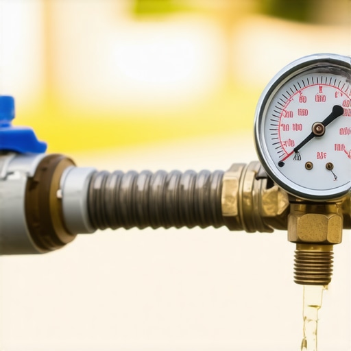 Water pressure gauge measuring house water pressure attached to a garden faucet.