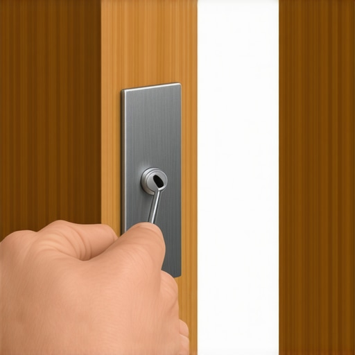 A hand using a screwdriver to adjust the metal tab on a strike plate to stop a door from rattling.