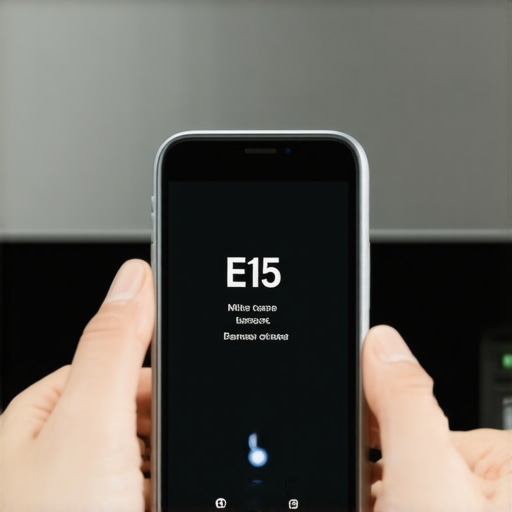 A person documenting an E15 error code on a dishwasher interface to support a warranty claim.