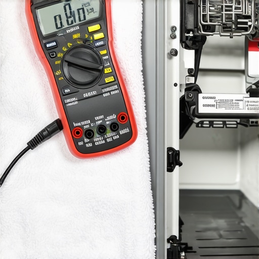 A digital multimeter and borescope used for troubleshooting dishwasher electrical and drainage issues.