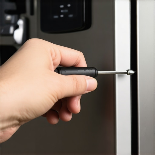 Hand using a Torx driver to fix a loose dishwasher handle through a side access port.