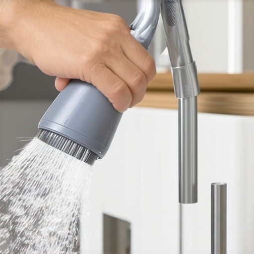 Rinsing out a dishwasher spray arm in a kitchen sink to remove loosened debris and lime scale.