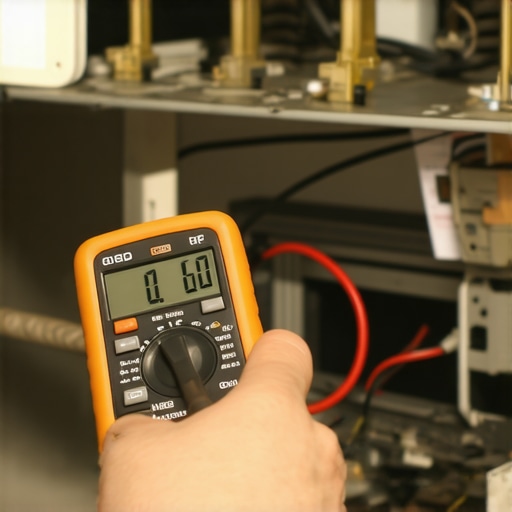 A homeowner performing electrical diagnostics on a dishwasher heating element using a professional multimeter.