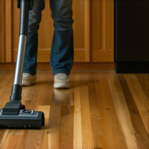 Close-up of a shop-vac nozzle removing moisture from between wood floor planks.