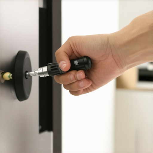Close-up of a T20 Torx driver tightening a dishwasher door handle screw.