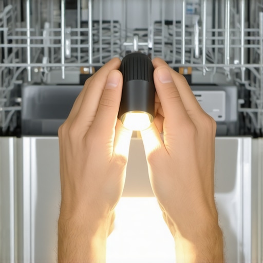 Hands working on a dishwasher pump through the bottom kickplate opening