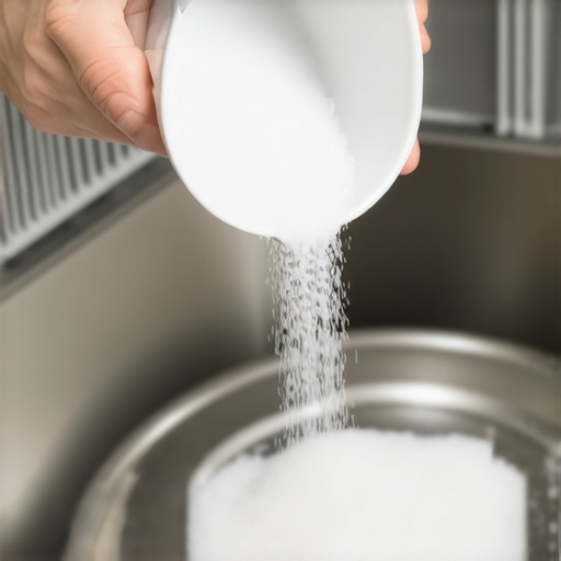 A person refilling the dishwasher salt reservoir to combat hard water minerals.