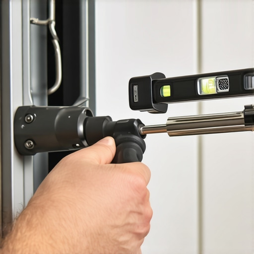 Hand adjusting dishwasher leveling leg with a screwdriver and spirit level