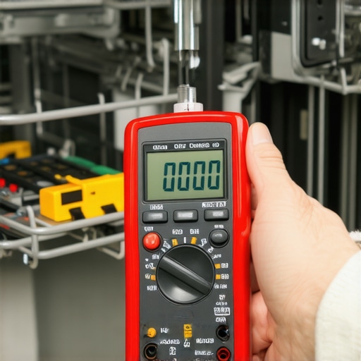 A close-up of a technician using a multimeter to check a dishwasher control board for repairs.
