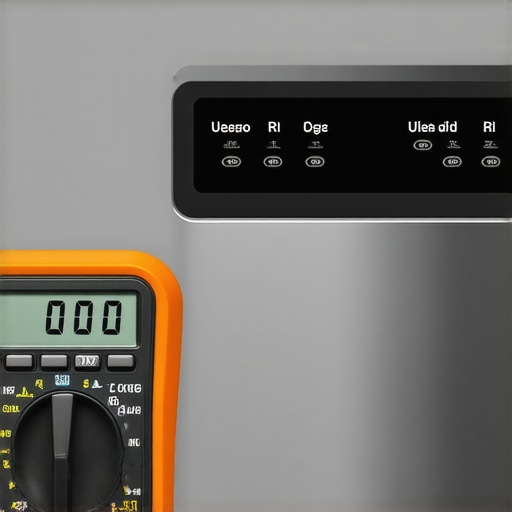 Close up of a dishwasher digital display showing an error code during a diagnostic test with a multimeter nearby.