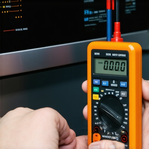 A professional technician using a multimeter to diagnose a dishwasher error code.