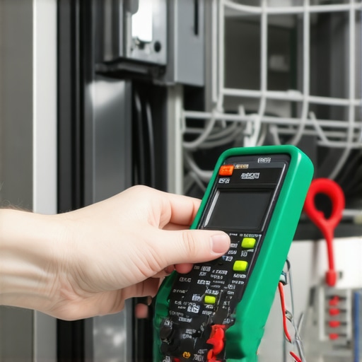Technician testing a dishwasher control board with a multimeter to verify warranty coverage.
