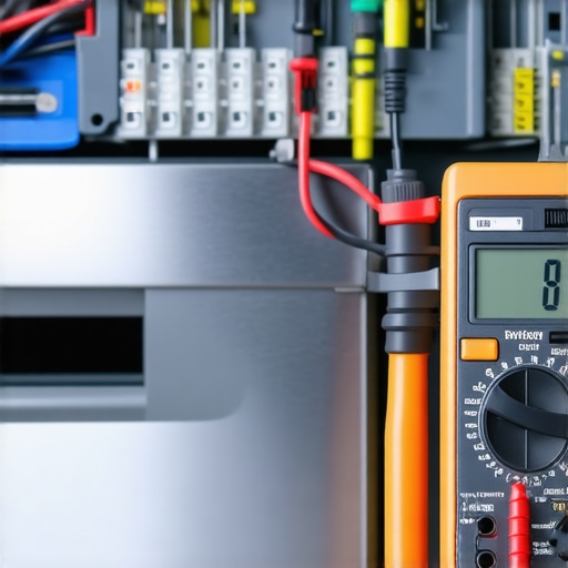 Close up of a dishwasher control board being tested with a multimeter for expert repair diagnostics.