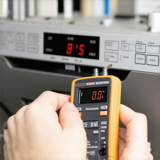 Advanced Dishwasher Diagnostic Testing Close up of a multimeter testing dishwasher components with an error code visible on the display.