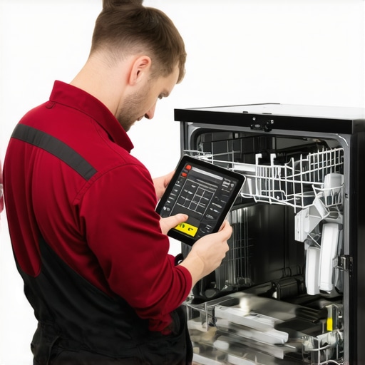 Technician performing electrical diagnostics on a dishwasher