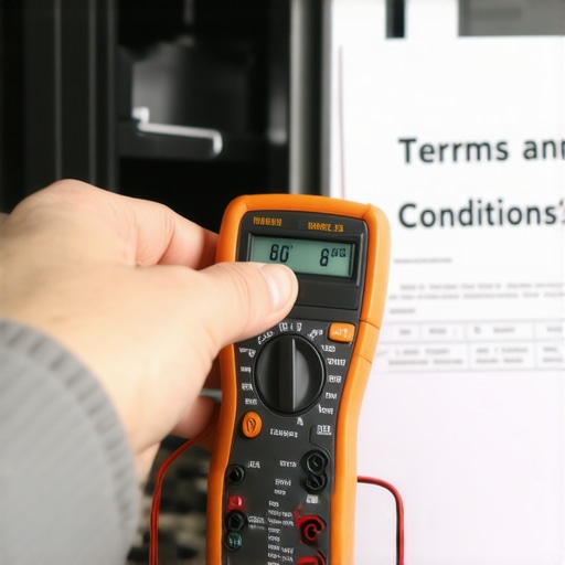 Technician using a multimeter to diagnose a dishwasher while checking warranty terms