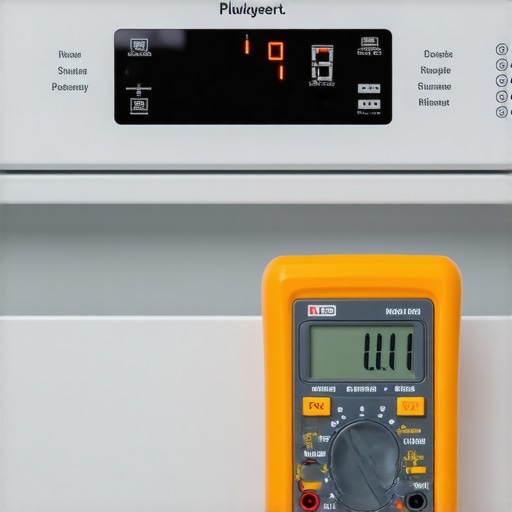 Technician using a multimeter to troubleshoot a dishwasher that is stuck on the last minute of its cycle.