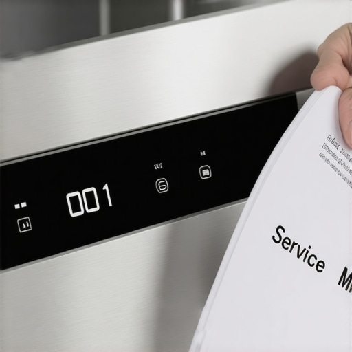 A person looking at a dishwasher stuck on the last minute while holding a service manual.