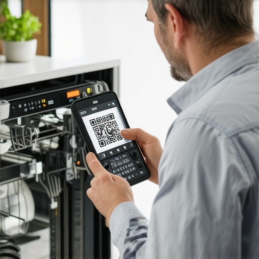 Technician performing digital diagnostics on a dishwasher for a warranty claim