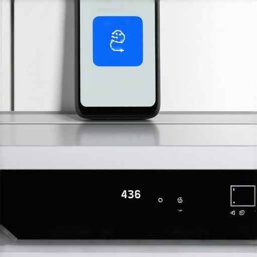 A smartphone using a diagnostic app to communicate with a smart dishwasher control panel.