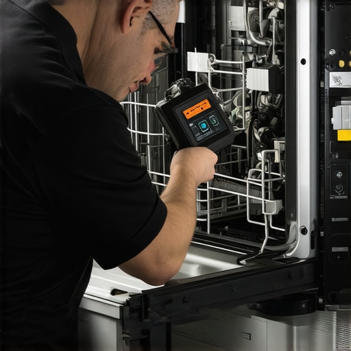 Technician using a thermal camera to diagnose dishwasher problems for a warranty claim.