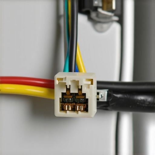 Close up of a burnt wire connector and thermal fuse inside a dishwasher door panel.
