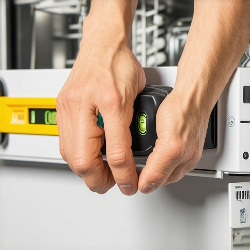 Technician using a bubble level on an open dishwasher door frame to prevent leaks.