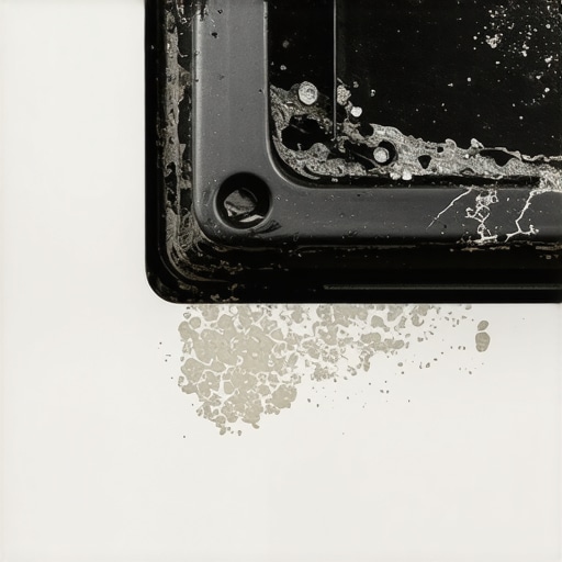 A close-up view of a cracked dishwasher door seal damaged by excessive use of vinegar and acidic cleaners.