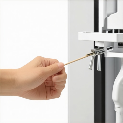 A hand using a toothpick to unclog a dishwasher spray arm nozzle.