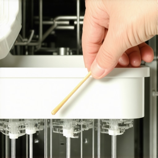 A person using a toothpick to remove debris from dishwasher spray arm holes to improve water pressure.