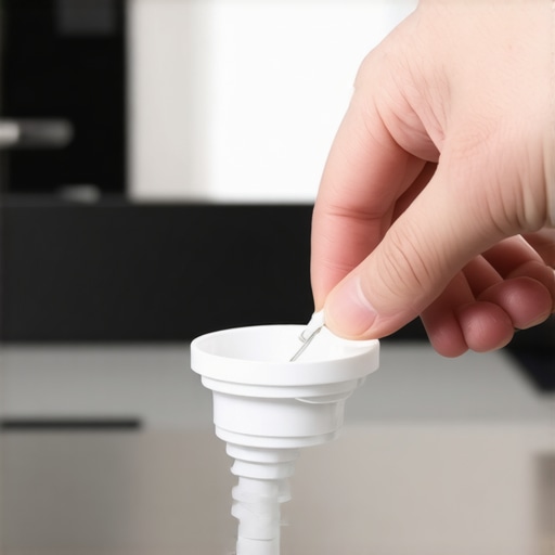 A person using a paperclip to clear out debris from a dishwasher spray arm nozzle.