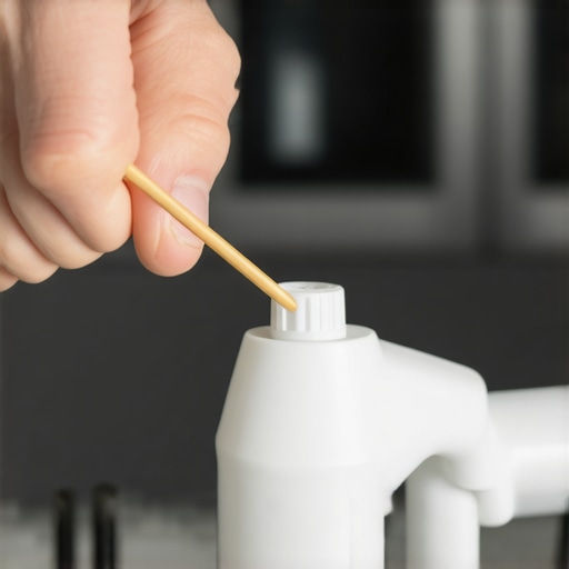 A person cleaning small holes in a dishwasher spray arm with a toothpick to improve water pressure.