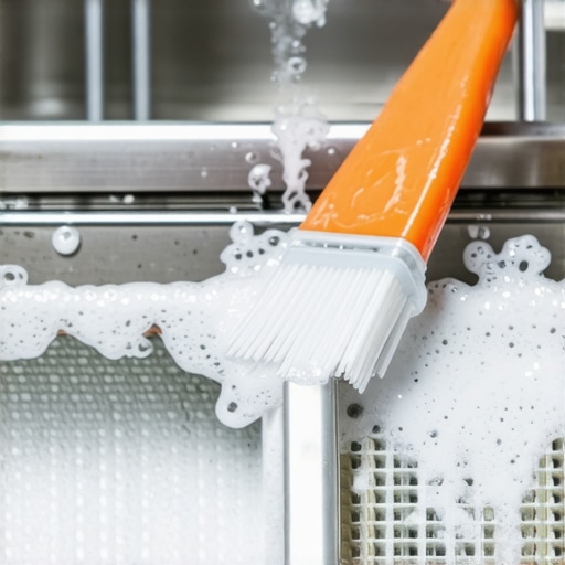 Close up of a person cleaning a dishwasher filter covered in white detergent residue.