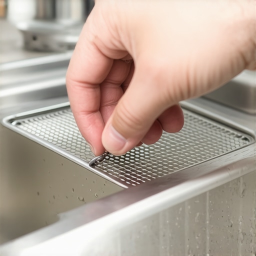 Close-up of a greasy dishwasher secondary filter screen being cleaned with a brush.