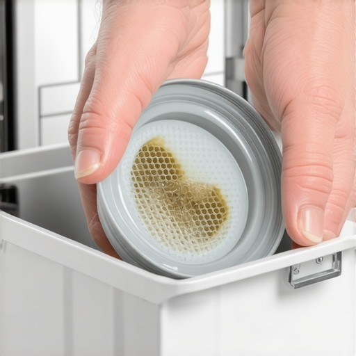 Removing a dirty dishwasher filter to clear soap pod residue and food particles.