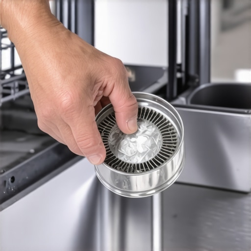 A person removing a clogged dishwasher filter for cleaning
