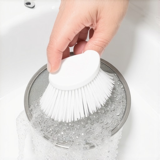 A person scrubbing a dishwasher filter to prevent odors and clogs.