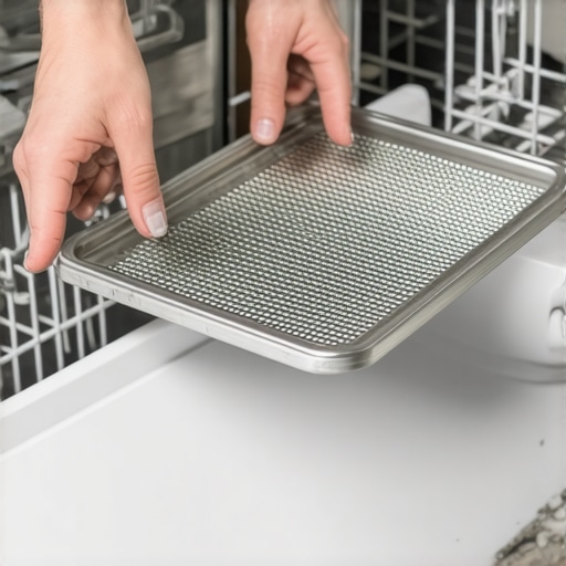 Hands removing a clogged and greasy dishwasher filter for cleaning