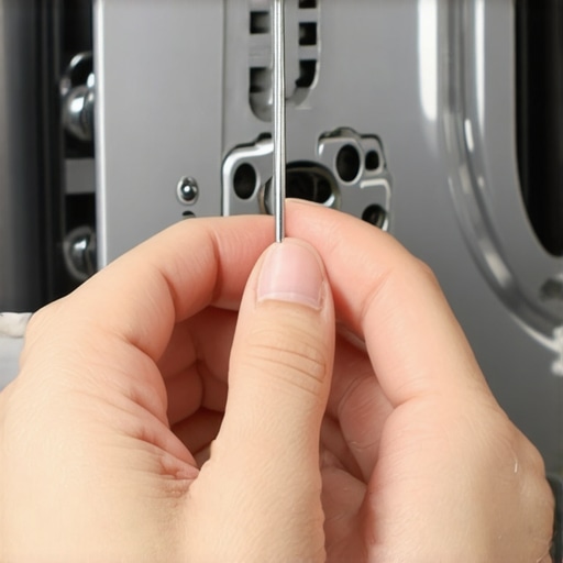 Close-up of a person maintaining a dishwasher spray arm with a paperclip