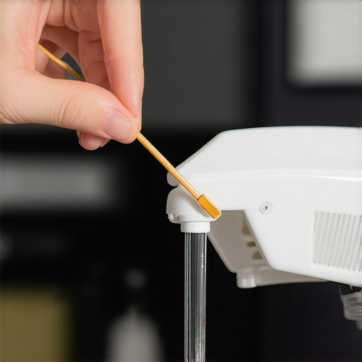 A person carefully unclogging a dishwasher spray arm nozzle with a toothpick to improve water flow.