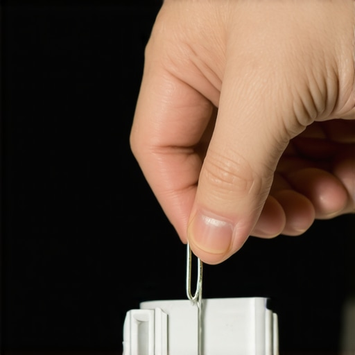 Hand using a paperclip to clear debris from dishwasher spray arm