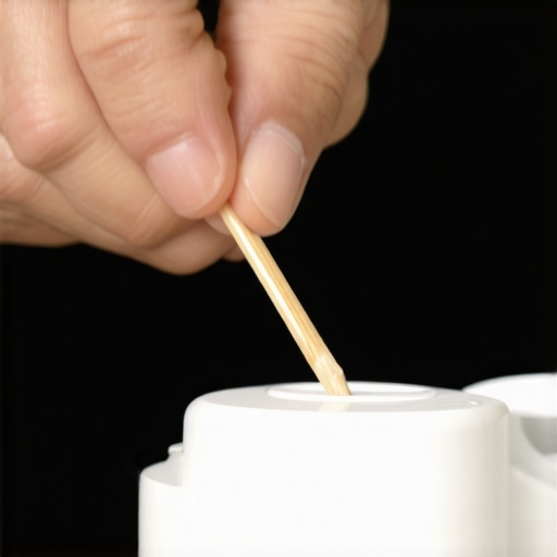 Hand cleaning a dishwasher spray arm nozzle with a wooden toothpick to improve water flow.