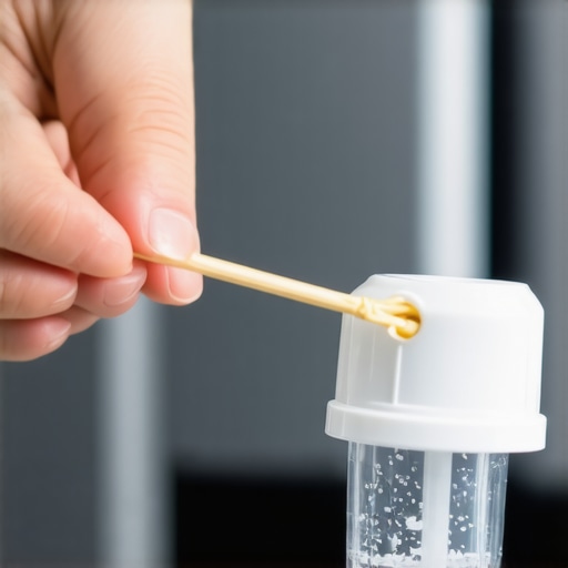 A person performing maintenance on a dishwasher spray arm using a toothpick to clear clogs.